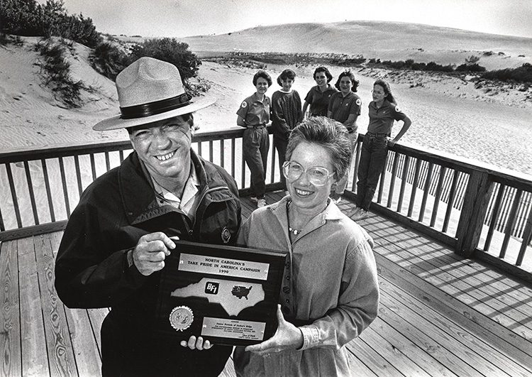 Park Superintendent George Barnes, Peggy Birkemeier. Rear: Barbara Sanders, Sara Birkemeier, Keely Noffsinger, Katy Thompson and Beth Sanders. Photos Courtesy of Outer Banks History Center, State Archives of North Carolina.