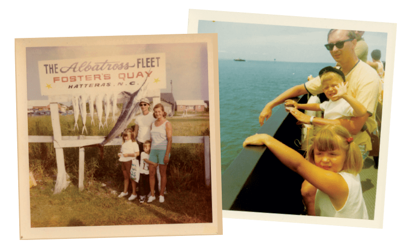 Above left; Family trip at Foster’s Quay; Right; Richard and his children, Todd and Sue, on the ferry to Ocracoke Island.Top; Recent photo of “Twenty Year Wish” from one of the author’s summers spent living in the house and writing for Outer Banks Coastal Life. Photos courtesy of Todd Shoaf.