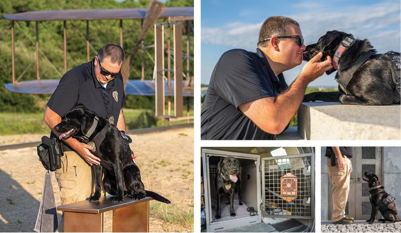 Top left and right: Kill Devil Hills Police Detective Peden with K9 officer, Sailor. While in the field, Sailor performs remarkable feats, in the Peden household she fits right in with the family’s other two dogs.Bottom: Sailor is one of just nine ESD dogs currently working in North Carolina, the only one in northeastern NC. She’ll often help in other jurisdictions via the State Bureau of Investigation, and she trains every day with Peden in an unending game of hide-and-seek.