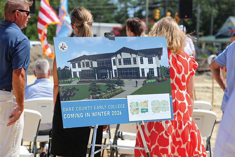 A presentation board displays the rendering of the new Dare County Early College, projected to be complete in the winter of 2026. Photo courtesy of Dare County Schools.
