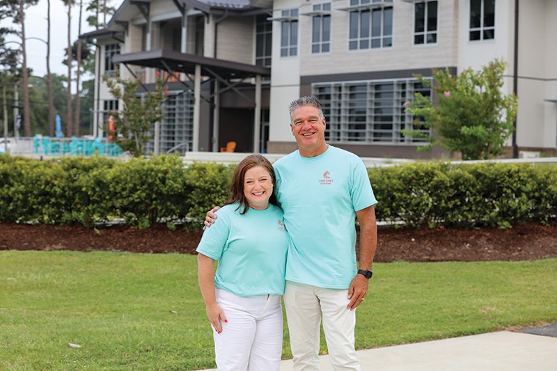 Dare Early College Principal, Kassie Mount and Steve Basnight, Superintendent of Dare County Schools share a proud moment after months of hard work in preparation for the first day of school. Photo courtesy of Dare County Schools.
