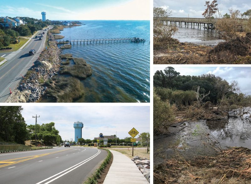 1st Column: In 2021 Duck was one of the first communities chosen to participate in the Resilient Communities Program (RCCP) and takes seriously its role as one of North Carolina’s resilience leaders. An RCCP grant funded the Town’s assessment of existing conditions, setting of coastal resilience goals through a community engagement process, study of resilience strategies and related resources, and identifying and prioritizing projects that would enhance the community’s capacity to manage coastal hazards.2nd Column: Another RCCP grant facilitated the development of a neighborhood stormwater management study under the direction of a planning/engineering consultant. Five flood-prone basins in Duck became the focus of this study which benefited from significant neighborhood participation in the identification of causes of flooding and potential solutions best matched with each of the areas—Teresa Court was ultimately chosen.