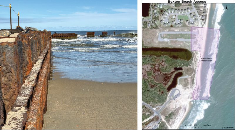 Left: Close-up southern perspective of rusted "Groin 3" panels and cordoned off area at Buxton Beach, March 17, 2026. Photo courtesy Jes Gray. Right: The updated Buxton Beach closure begins just south of the southernmost house on Old Lighthouse Road and extends to the southermost jetty. The closure includes the Buxton Beach Access parking lot.