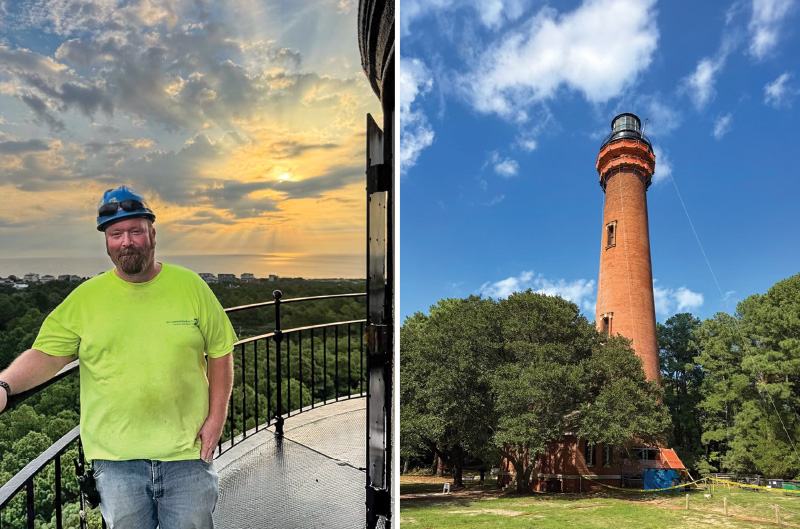 Site Superintendent Roy Fischer takes in the scenery from the top of the Currituck Beach Lighthouse. Fischer has worked on lighthouse restoration projects up and down both coasts for years and is no stranger to Corolla. Images by Meghan Agresto.