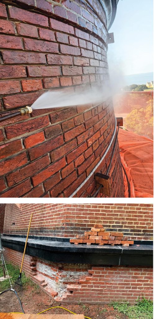 As salt air, moisture and time combine to damage mortar between bricks, water leaks can spring up and eventually lead to chunks of damaged sections of the historic structure. The job of repointing the bricks strips away the outer layer of crumbling mortar so a new watertight seal can be installed. Top image courtesy of ICC-Commonwealth. Bottom Image by Meghan Agresto.